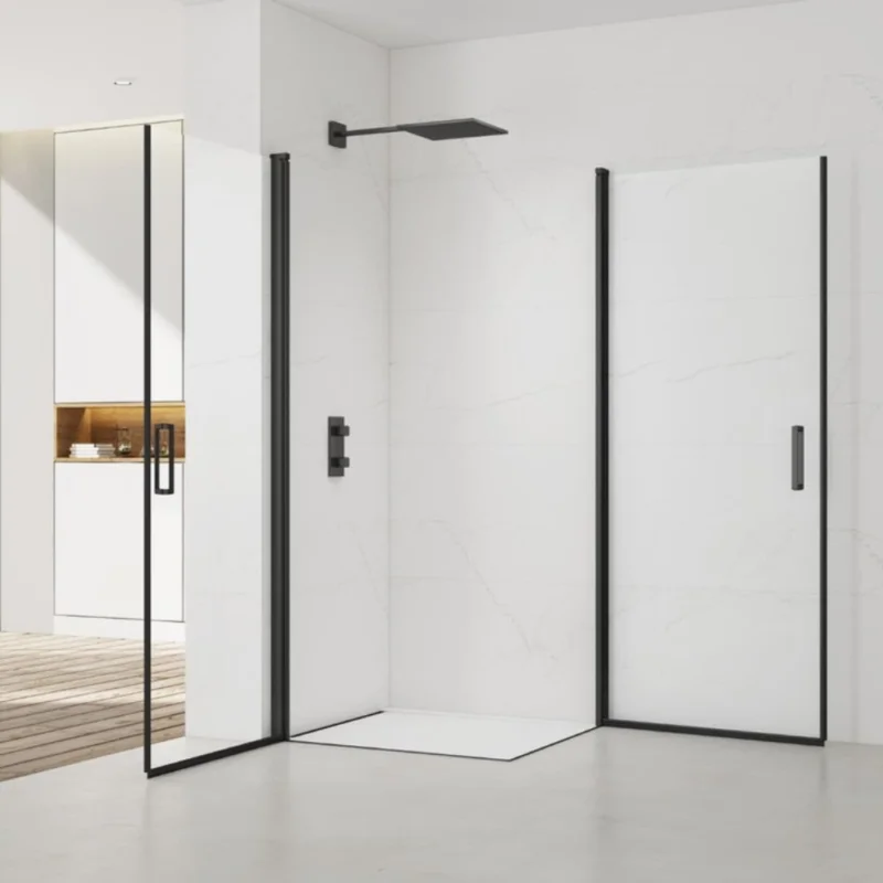 Prix Choc Fusion Portes de douche acces en angle pivotantes 80x80cm anticalcaire avec profilés noir mat (SATFUD8080C-SET)