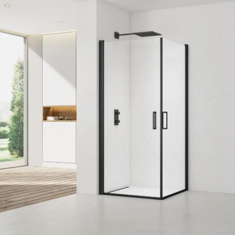 Vente Flash Fusion Portes de douche acces en angle pivotantes 100x90cm anticalcaire avec profilés noir mat (SATFUD10090C-SET)