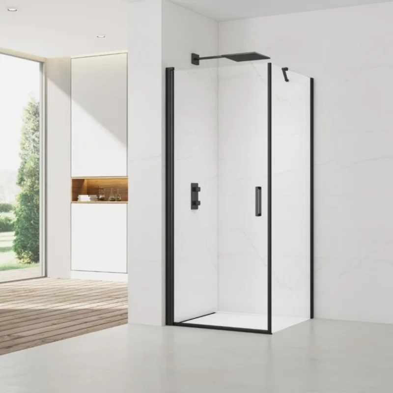 Affaire À Saisir Fusion ensemble porte pivotante /paroi 100x100cm anticalcaire avec profilés noir mat (SATFUD100S100C-SET)