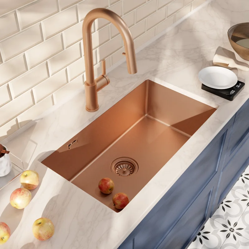 Prix Bas Timeless 68x45x21 cm évier sous plan en inox 304 + mitigeur inox avec douchette extractible, cuivre brossé (TMLKSU-6845BCP-M2)