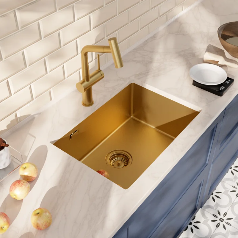 Timeless 55x45x21 cm évier sous plan en inox 304, 1 bac + mitigeur inox avec douchette extractible, or brossé (TMLKSU-5545BG-M1) Authentique