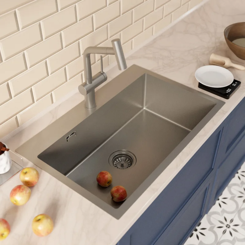 Timeless 68x45x21 cm évier encastrable inox 304 + mitigeur inox avec douchette extractible, gun metal brossé (TMLKST-6845BGM-M1) Prix Promo