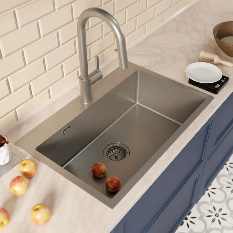 Timeless 68x45x21 cm évier encastrable inox 304 + mitigeur inox avec douchette extractible, gun metal brossé (TMLKST-6845BGM-M2) Offre Limitée