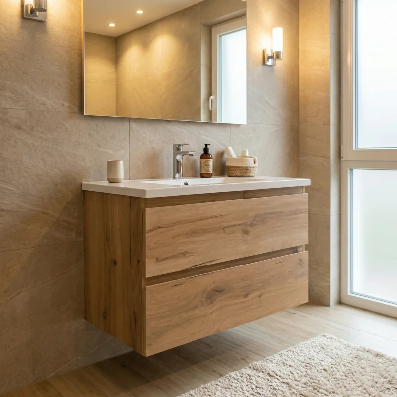 Livraison Express B-Way 79x50x45 cm meuble de salle de bain suspendu 2 tiroirs avec lavabo en marbre coulé, chêne mat (BWAY280OAKU)