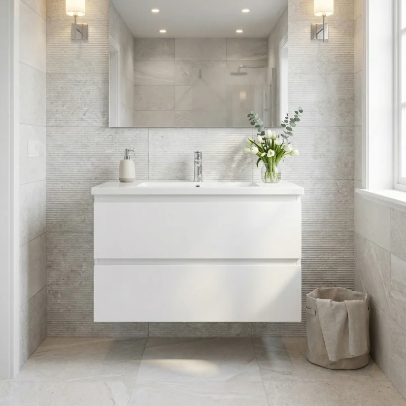 Meuble salle de bain suspendu 59 x 50 x 45 cm blanc brillant 2 tiroirs avec lavabo en marbre coulé SAT B-Way (BWAY260WU) Dernière Chance