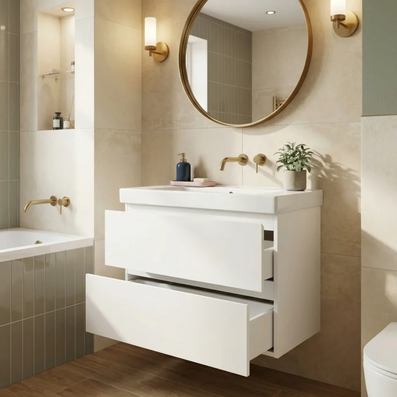 B-Way 79x50x45 cm meuble de salle de bain suspendu 2 tiroirs avec lavabo en céramique, blanc brillant (BWAY280WU1BI) Offre Spéciale