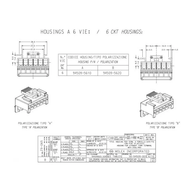 Molex 94509-5610 Embase Femelle 6 voies - Polarisation A Acheter En Ligne