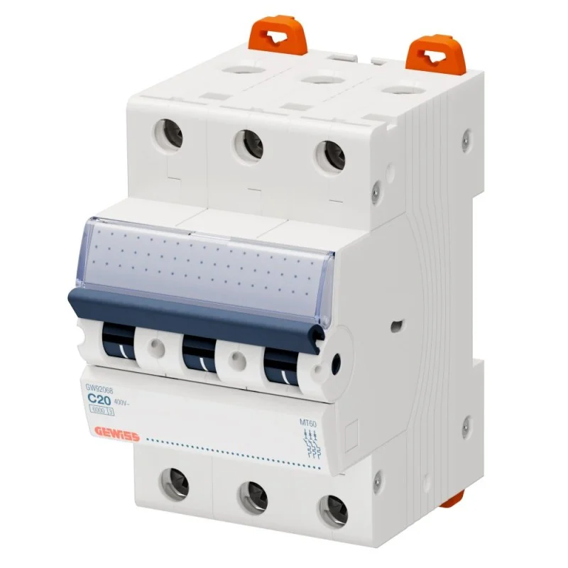 Nouveauté Gewiss GW92068 DISJONCTEUR MAGNÉTOTHERMIQUE - MT 60 - 3P COURBE C 20A - 6000A-10kA/400V - 3 MODULES