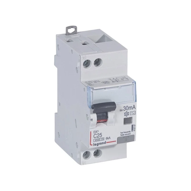 Pas Cher Legrand 410707 Disjoncteur différentiel DX³ 4500 arrivée haute et départ bas à vis U+N 230V~ - 25A typeAC 30mA - courbe C - 2M