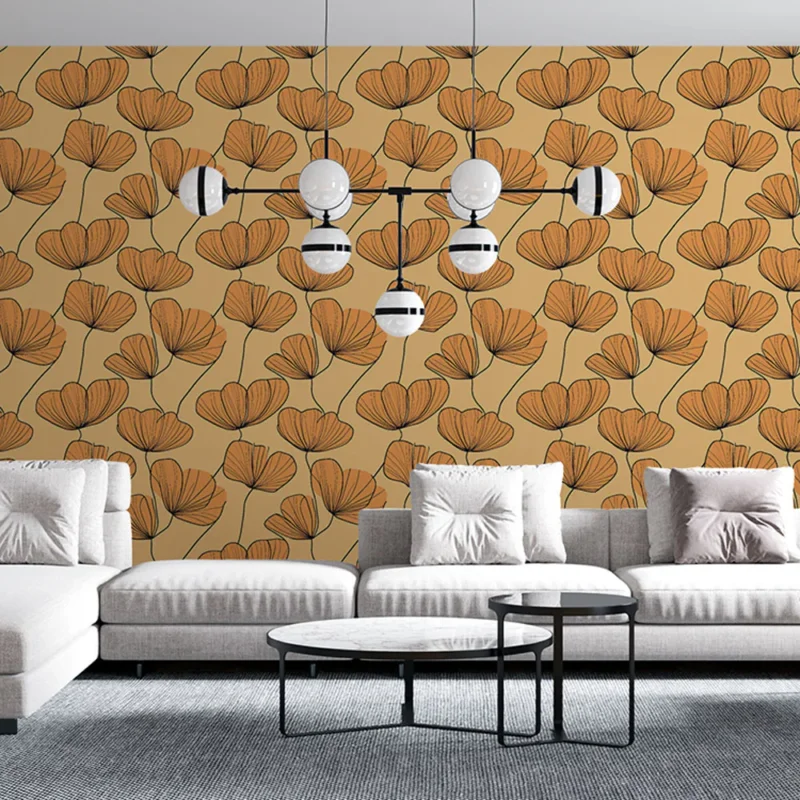 Super Prix Papier peint fleurs orangées Motifs floraux délicats sur fond jaune