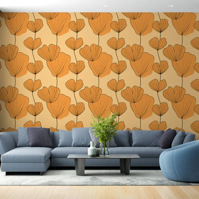 Papier peint floral orange Motifs de fleurs stylisées sur fond doux Offre Du Jour