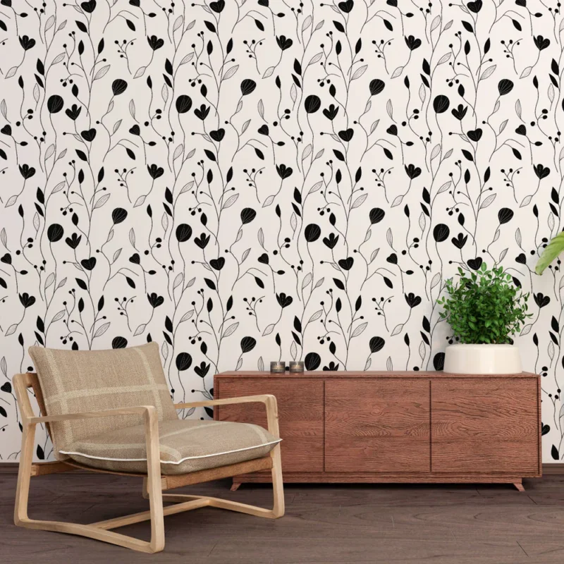 Bon Marché Papier peint floral noir et blanc Motifs délicats de fleurs et feuilles sur fond blanc