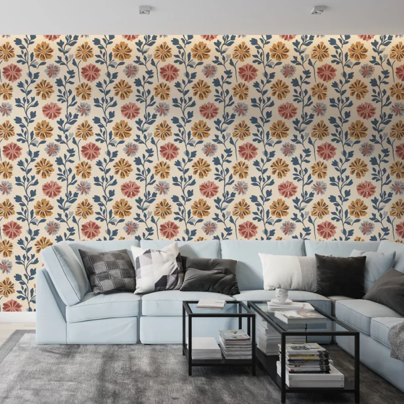 Papier peint floral Fleurs colorées sur fond crème avec motifs organiques Top Vente