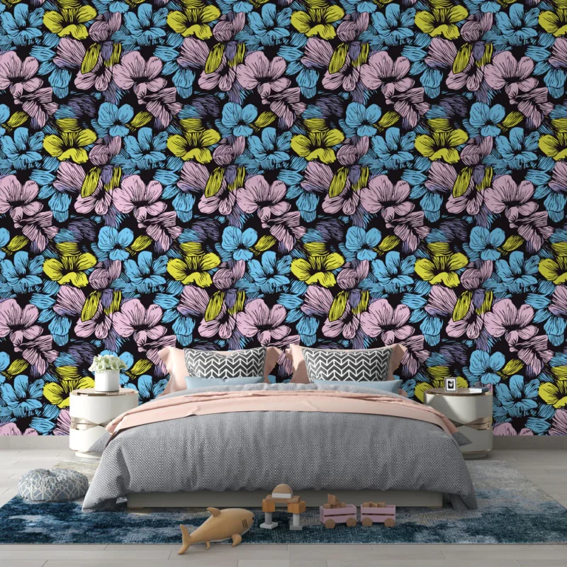 Réduction Papier peint floral coloré Motif vibrant de fleurs aux teintes pastel sur fond noir