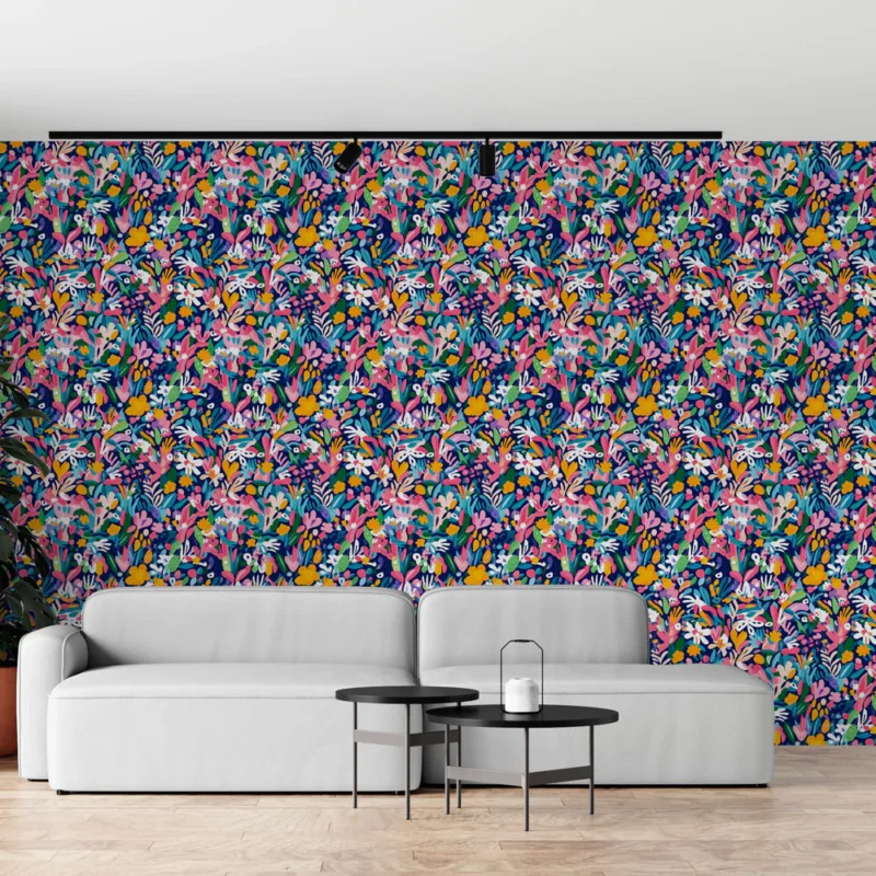 Papier peint floral coloré Motifs éclatants de fleurs et feuillages sur fond bleu Dernière Chance