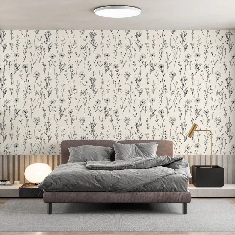 Livraison Express Papier peint floral noir et blanc Motifs délicats de fleurs sur fond beige