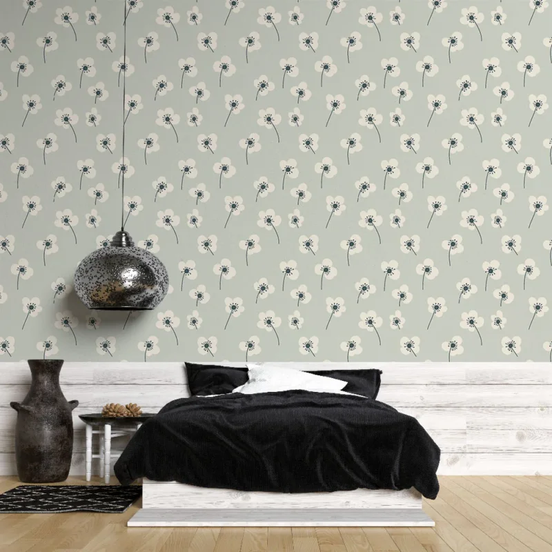 Papier peint floral Motif de fleurs blanches sur fond vert pâle Meilleur Prix