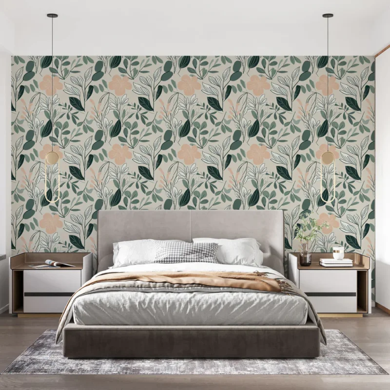 Must-Have Papier peint floral Motif de feuilles et fleurs en pastel délicat