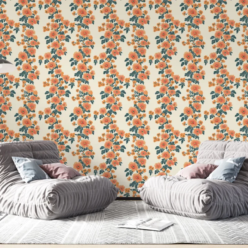 Papier peint floral Arrangement de fleurs orange sur fond crème Commander Vite