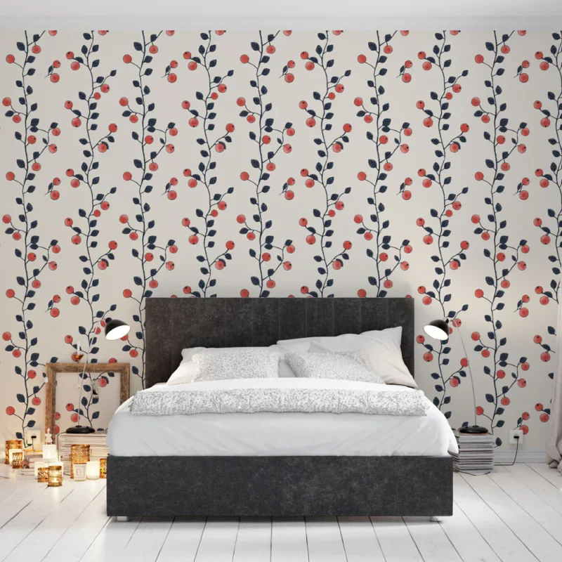 Papier peint floral Motif de branches avec baies rouges Meilleur Prix