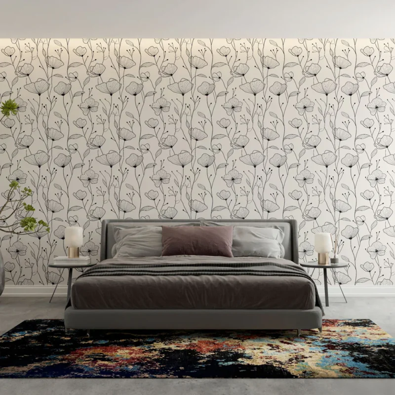 Papier peint floral noir et blanc Motifs délicats de fleurs et feuilles sur fond clair Nouveauté
