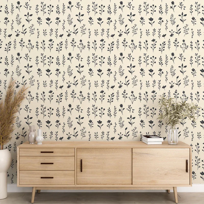 Papier peint floral Motifs délicats de fleurs et feuillages sur fond crème Commander Maintenant
