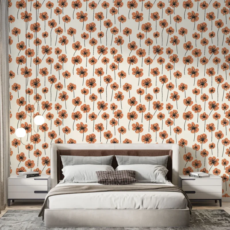 Super Prix Papier peint floral Motif de fleurs corail sur fond beige