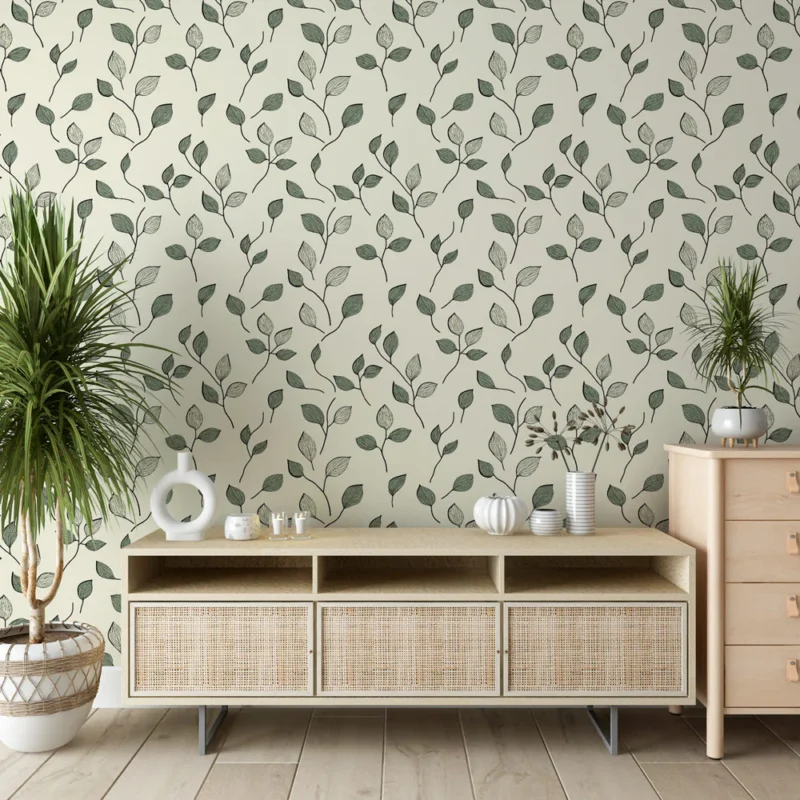Papier peint feuillage délicat Motifs de feuilles sur fond crème Expédition Rapide
