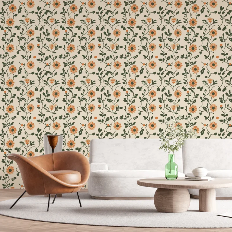 Offre Du Jour Papier peint floral Motif de fleurs orange et feuillage vert sur fond crème