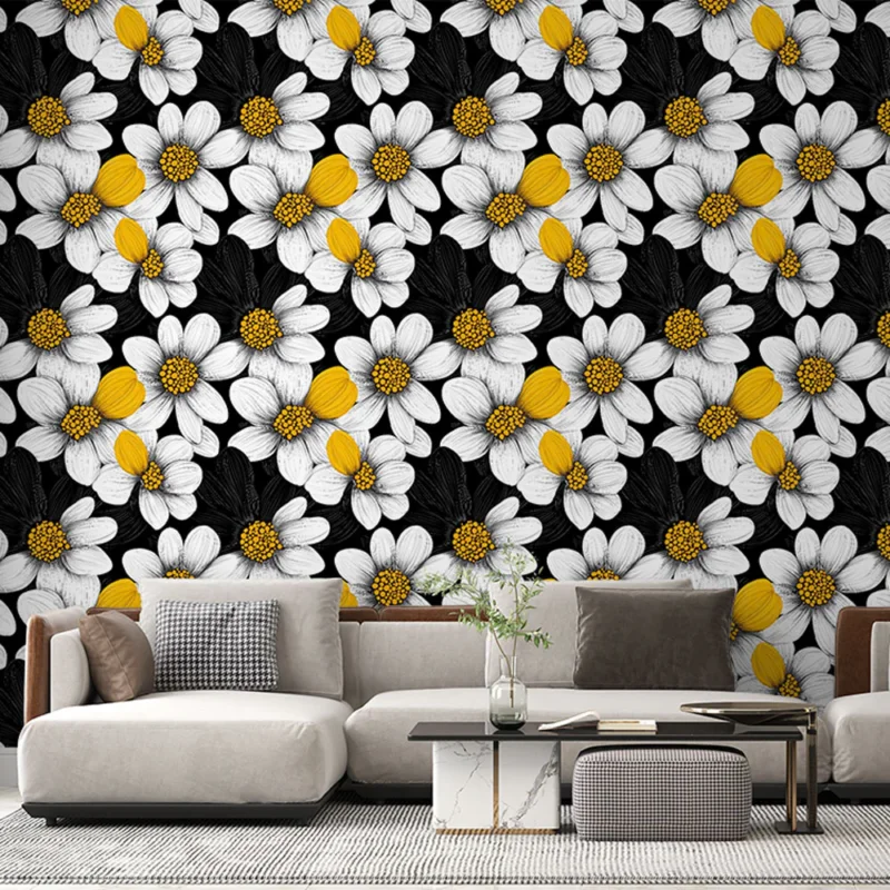 Papier peint floral noir et blanc Fleurs stylisées avec des accents jaunes sur fond noir Prix Choc