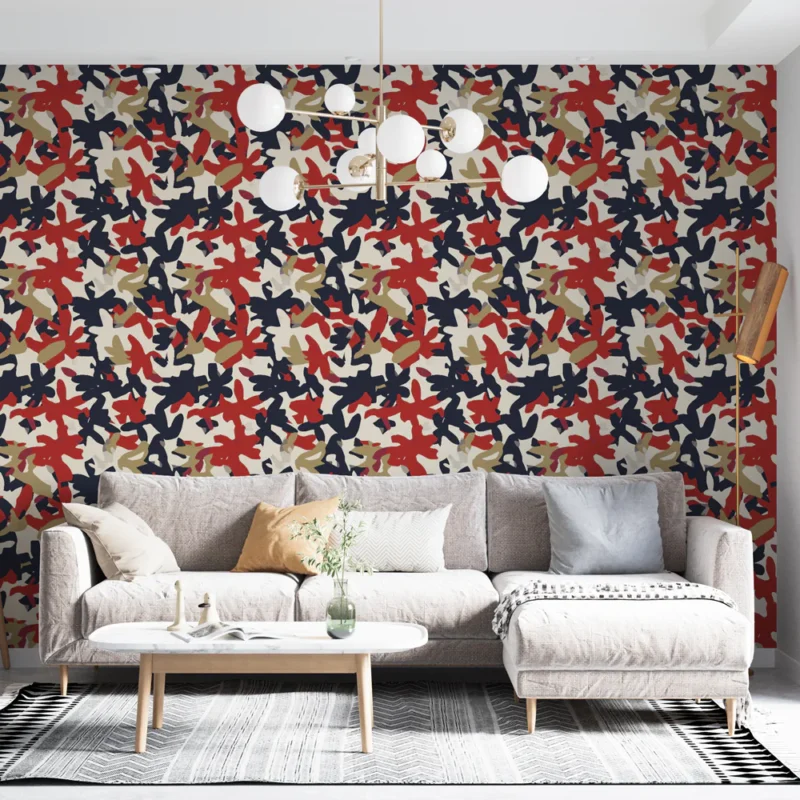 Papier peint motifs abstraits Formes organiques aux nuances de rouge, bleu et beige Bon Plan