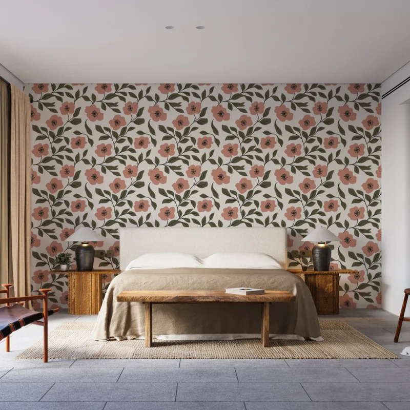 Papier peint floral Motif de fleurs roses et feuillage délicat Vente Directe