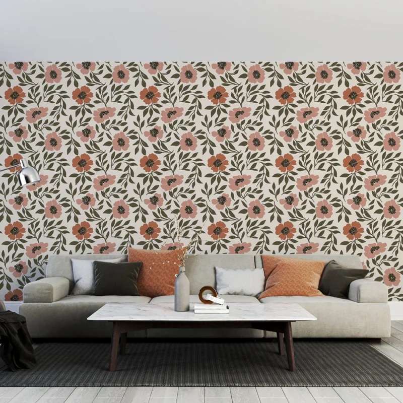 Meilleure Vente Papier peint fleuri Motif de fleurs délicates et feuilles sur fond clair