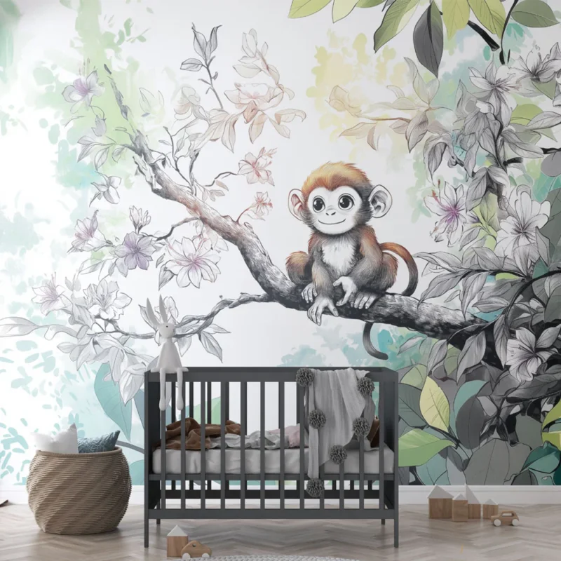 Acheter Direct Papier peint singe adorable Illustration jungle fleurie