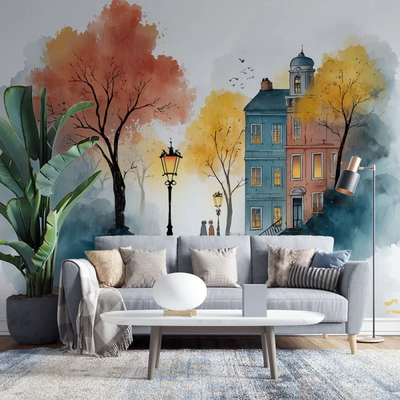 Bon Marché Papier peint aquarelle Rue d‘automne