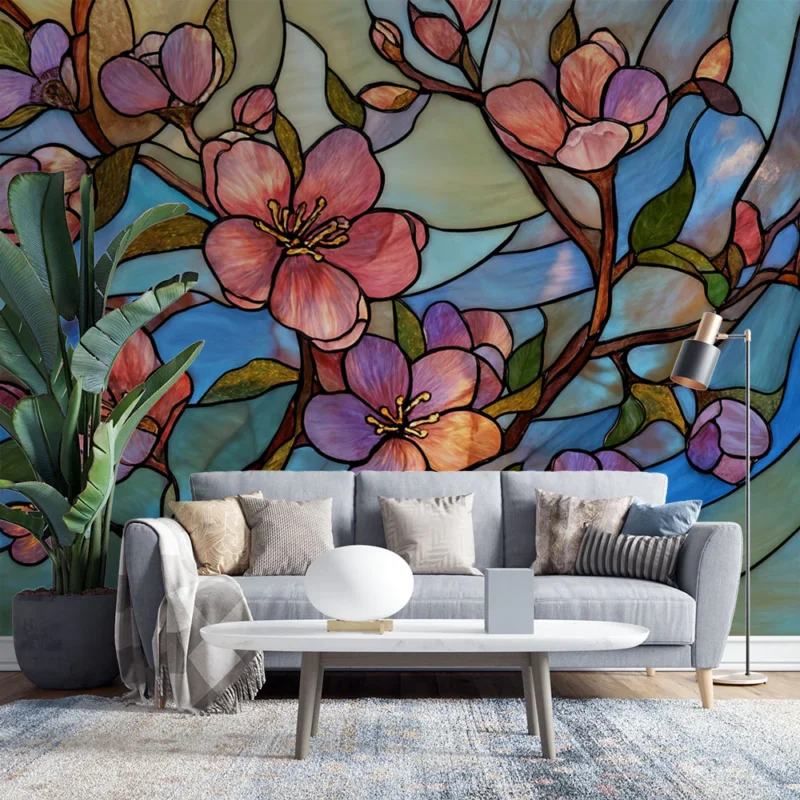 Acheter Direct Papier peint vitrail floral Motifs de fleurs de cerisier