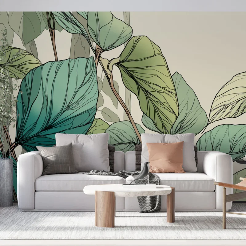 Achat Immédiat Papier peint feuillage artistique Un élégant mélange de feuilles vertes et aquatiques sur fond crème