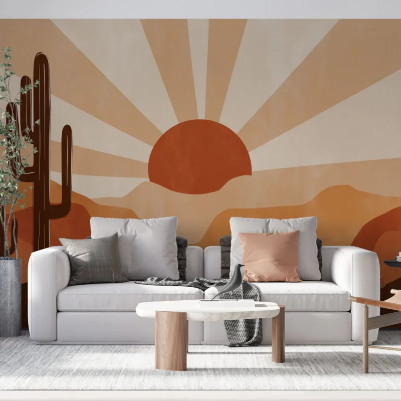 Papier peint désertique Cactées et lever de soleil dans des tons chauds Réduction