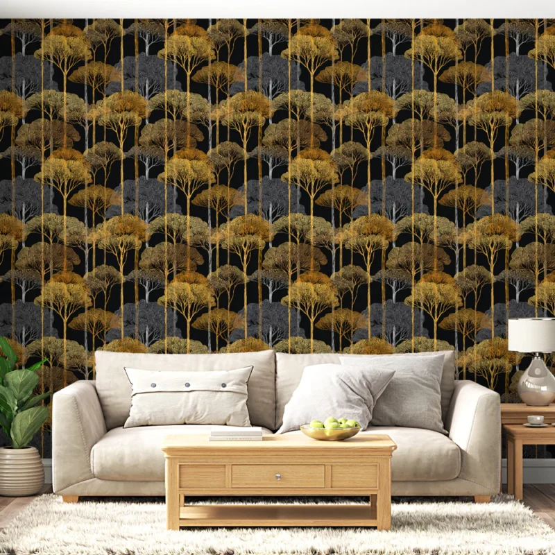Papier peint arbres dorés et argentés Motif d‘arbres en couleur or et argent sur fond noir Dernier Modèle