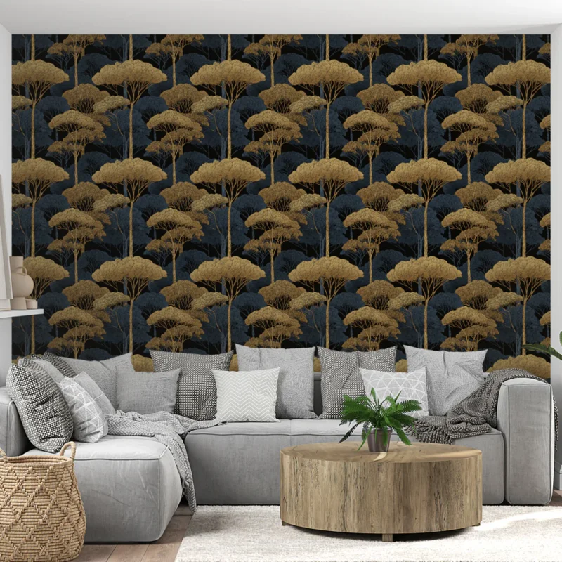 Papier peint arbres dorés Un design élégant de feuillages en or sur fond sombre Prix Choc
