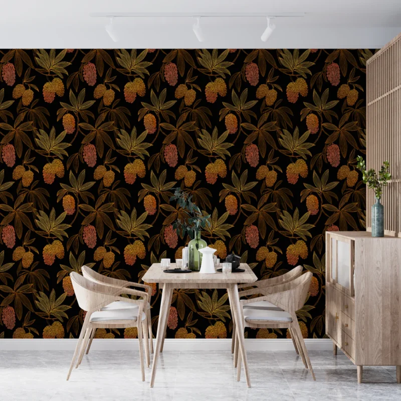 Papier peint floral automnal Motif de feuilles et fruits sur fond noir Prix Choc