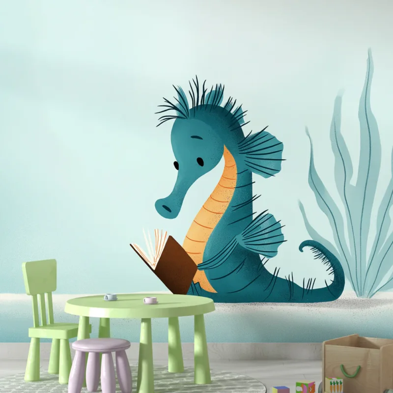 Papier peint hippocampe Un hippocampe curieux lisant un livre sous l‘eau Top Vente