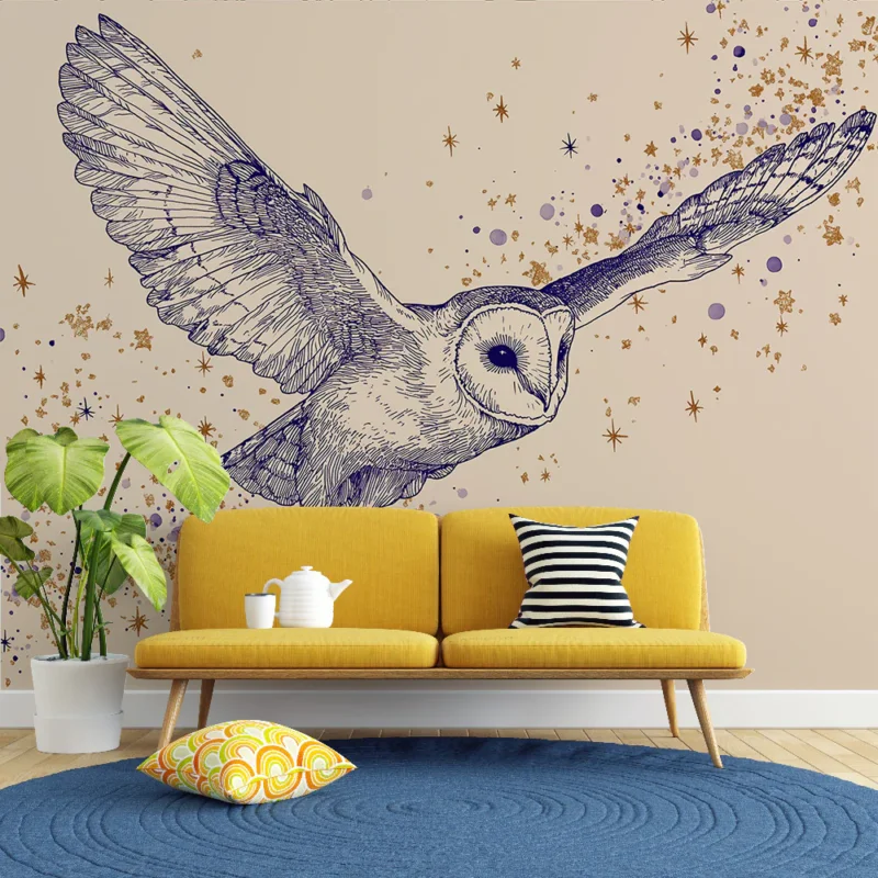 Papier peint hibou Hibou en plein vol avec étoiles et éclats dorés Affaire À Saisir