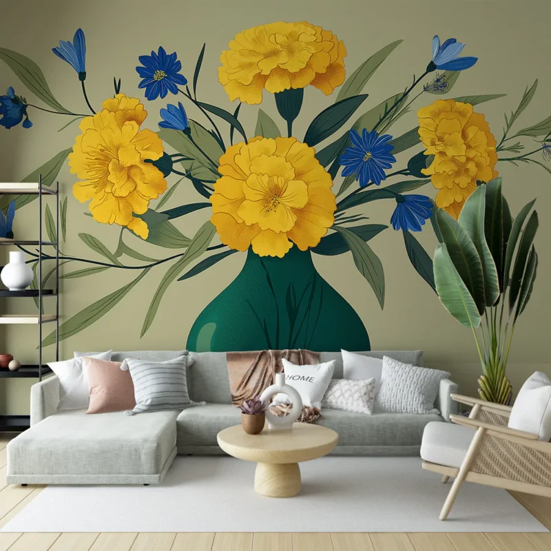 Papier peint fleurs jaunes et bleues Un bouquet sur fond doux et apaisant Vente Flash