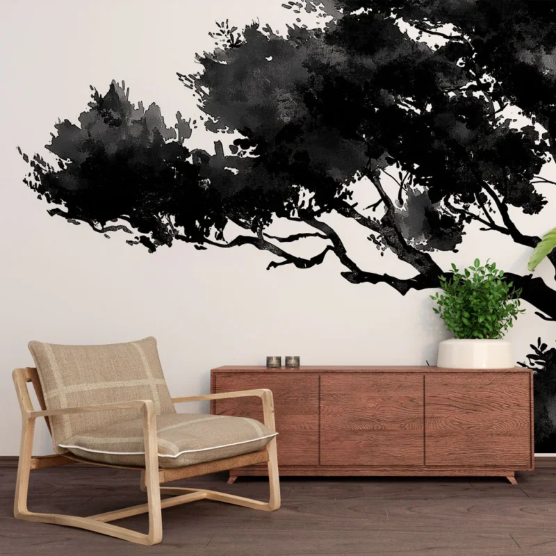 Papier peint arbre stylisé Silhouette d‘arbre noir et blanc sur fond clair Pas Cher