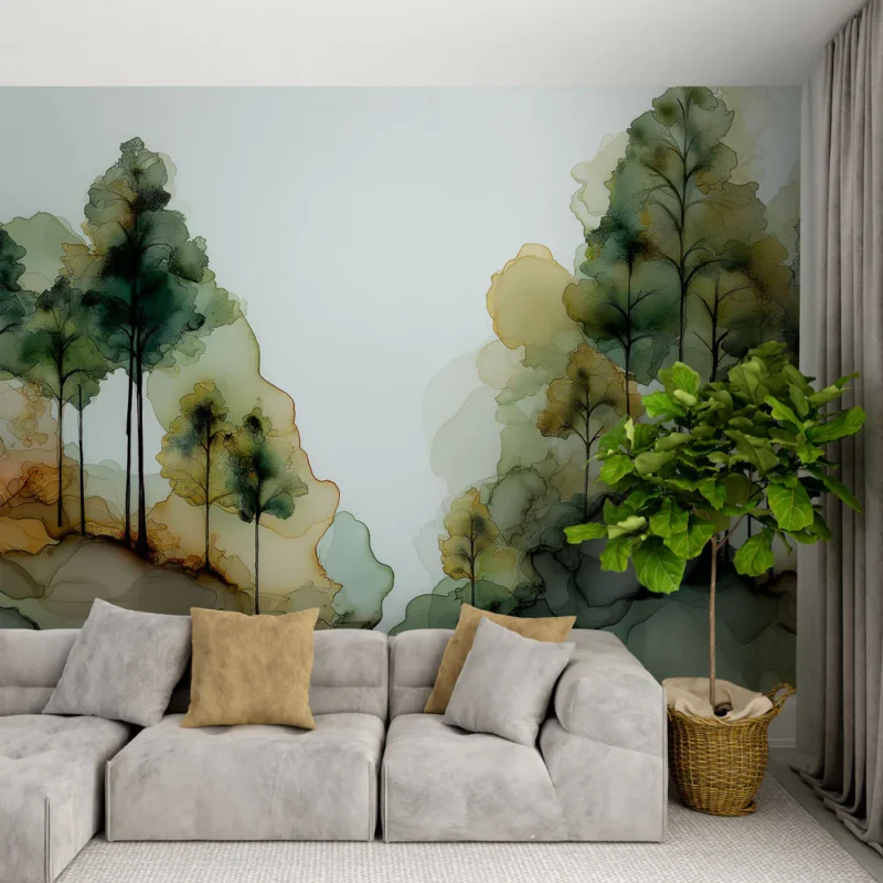 Papier peint forêt abstraite Silhouettes de pins en dégradé de couleurs terreuses Quantité Limitée
