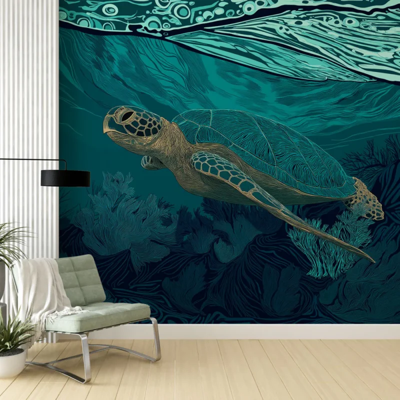Papier peint tortue marine Illustration colorée d‘une tortue nageant sous la surface de l‘eau Solde
