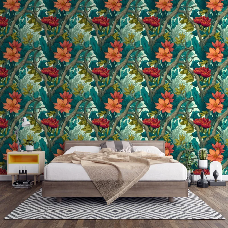 Expédition Rapide Papier peint floral exotique Motif de fleurs et feuillages luxuriants