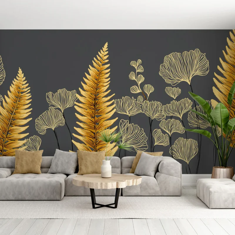 Papier peint feuillage doré Motifs de fougères et feuilles délicates sur fond gris Meilleur Choix