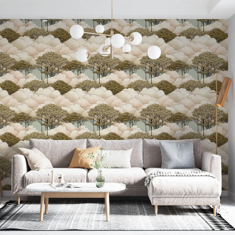 Papier peint arbres et nuages Motif de feuillage sur un fond doux Expédié Aujourd'hui